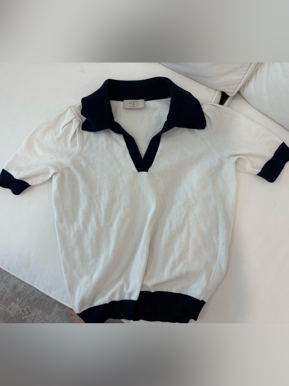 Petite LOFT White Polo Top with Navy Collar and Hem